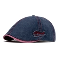 Navy blue vintage washed denim newsboy cap with red contrast stitching and Natural embroidery - Dark Blue With Red Stitching