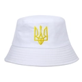 White cotton bucket hat featuring a yellow embroidered Ukraine trident national emblem - White