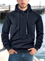 Navy blue men's textured hoodie with geometric jacquard pattern and button collar - Navy Blue