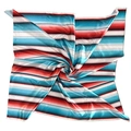 Carré de soie rayé coloré avec des motifs rouge, bleu et turquoise sur fond blanc - 90cm