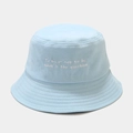 Detailed view of light blue bucket hat with white Shakespearean quote embroidery - M (56-58cm) / Light Blue