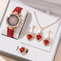 Red heart jewelry set with watch, necklace, earrings and ring in a grey gift box - 5-Piece Set (No Box) / Red Heart Set