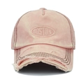 Close-up of pink washed cotton baseball cap with Boston embroidery and distressed brim - Adjustable / Pink