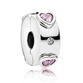 Silver bead charm featuring pink heart-shaped stones and clear round crystal accents - 021-Stopper (Silver Pink Heart Round Stone)