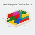 Hexagonal wooden calendar puzzle in vibrant colors, logical thinking toy 13x9cm size - Hexagon Calendar Puzzle 12pcs