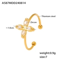 Goldener offener Ring aus Titanstahl mit zirkonbesetztem vierblättrigem Kleeblatt - US 7 / Offener Ring / Goldener Offener Ring-Weißer Zirkon