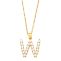 Detail view of a gold-tone capital letter W pendant set with elegant white pearls - Letter W
