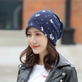 Dark blue knitted beanie hat featuring white cat and colorful fishbone patterns - Standard / Paw Cat-Navy Blue