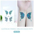 Glitter butterfly temporary tattoo sticker FG-031 with blue and green shimmer wings - Peacock Feather Texture Butterfly (FG-031)