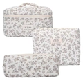3-delige beige bloemen toilettassenset van gewatteerd katoen met ritssluiting - Nummer Twee / Groot Formaat 25*16*16cm