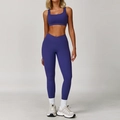 Women's dark purple two-piece yoga set with cross-waist leggings and a square neck bra - S / Top And Bottom / Sports Bra + Leggings / Rosey Blue
