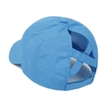 Detail of blue ponytail baseball cap featuring breathable mesh and criss-cross elastic bands - Blue