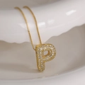 Gold plated box chain necklace with 3D letter P pendant encrusted in zircon stones - Letter P (Box Chain)