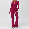 Combinaison de yoga rouge baie à manches longues avec col zippé et pantalon évasé - S / Rose Rouge