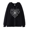 Black zip-up hoodie with white heart spiderweb print and adjustable drawstring hood - Black (Spider Web Heart)
