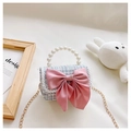 Detail of blue and white tweed girls handbag with pink bow and pearl handle - Classic Bow Style / Princess Blue