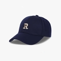 Close-up of navy blue baseball cap featuring detailed golden letter R embroidery on fabric - Navy Blue