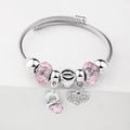 Silver beaded bracelet with pink crystal beads, swan charm, and heart pendant - C1-015 Pink