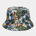 Detail view of breathable canvas bucket hat with tropical Hawaiian prints and fine stitching - Tropical Hawaii Print Style