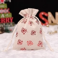 Beige Christmas linen drawstring bag with red snowflake pattern for gift packaging - Red Snowflake
