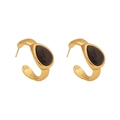 Modern gold C-shaped hoop earrings featuring teardrop black cat-eye stones - C-Shape Water Drop Earrings / Black