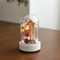 Christmas glass dome light with wooden base and miniature Noel gnome scene decoration - White House Style B