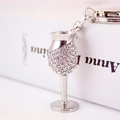 Sparkling crystal-studded wine glass keychain in polished silver metal finish - White