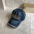 Detailed view of denim baseball cap featuring crown rhinestone and pearl decorations - Adult, Adjustable / Denim Blue Crown