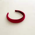 Close-up of thick red velvet headband with high-quality handmade label detail - Burgundy
