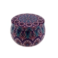Round metal candle tin with colorful purple and blue Bohemian mandala patterns - H14 Lavender