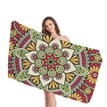Ethnic mandala beach towel with red and yellow geometric patterns and fringeless edge - Style 8