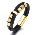 Bracelet double en cuir tressé noir avec perles dorées et fermoir magnétique élégant - Or