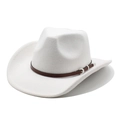 Vue latérale d'un chapeau en laine blanc avec ceinture marron et boucle en métal argenté - M (56-58cm) / Blanc