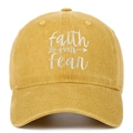 Detail view of Faith Over Fear embroidery on ginger yellow washed cotton baseball cap - Adjustable / Yellow
