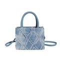 Blue denim tote bag with frayed diamond quilted texture and top handles for women - Blue