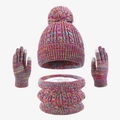 Detail of colorful knitted hat, neck warmer and touchscreen gloves with soft pompom - One Size / Multicolor Rose Blue Yellow Purple