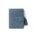 Detail of blue denim textured short wallet with round snap closure and matching fringe tassel - Blue