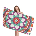 Ethnic mandala geometric pattern beach towel in mint green and orange held by model - Style 12