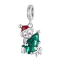 S925 sterling silver Christmas bear pendant with green crystal and red enamel hat - Bear Hugging Christmas Tree