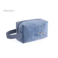 Peacock blue velvet makeup bag with gold embroidery and woven handle for storage - Handbag Style / Teal