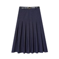 Elegant navy blue high-waisted pleated midi skirt with a slim black belted waist - XS / Dark Blue