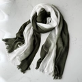 Artistic gradient forest green and white cotton linen scarf with soft fringe edges - 200*95CM / Army Green & White Gradient