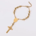 Detail of gold stainless steel rosary bracelet with Saint Benedict medal and cross charm - Saint Benedict Medal Style (款式1金色) / Gold