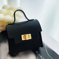 Mini black lychee leather handbag charm with golden twist lock for car keys - Black