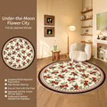 Round vintage rug with red rose oil painting pattern on cream non-slip velvet base - Diameter 80cm / Flower City Under Moonlight