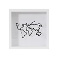 Detail of a white 3D shadow box frame featuring a black metal wire world map sculpture - World Map (Classic) / 15x15cm / White