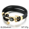 Men's vintage black leather bracelet with golden anchor clasp and mini compass - Golden Compass Anchor Style (KB79227-BD)