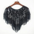 Elegante scialle mantella nera in rete con paillettes e lunghe nappe sfrangiate - Nero