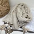 Beige voile scarf with handmade tassels and wood beads for a casual beach look - 77*180cm / Beige