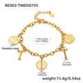 Gold stainless steel chain bracelet with Elizabeth II coins and letter T pendants - Gold-Letter T